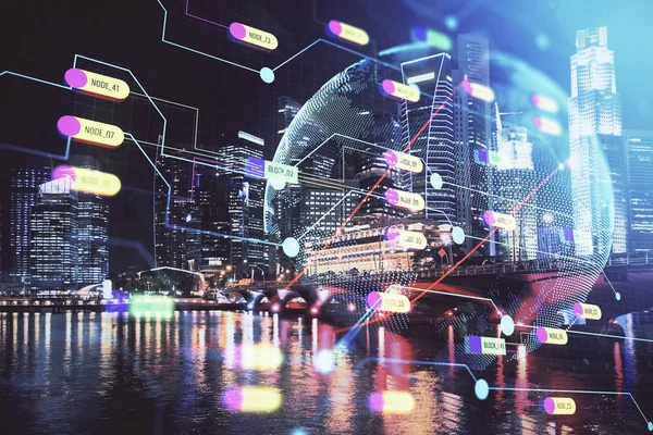 Mapa y datos tema holograma en vista de la ciudad con rascacielos fondo doble exposición. Tecnología internacional en concepto de negocio. —  Fotos de Stock