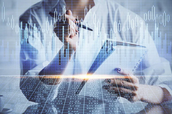 Financial chart drawn over hands taking notes background. Concept of research. Multi exposure — Stock Photo, Image