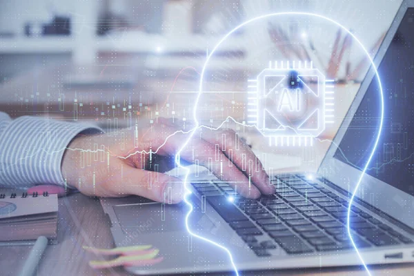 Hombre escribiendo en el fondo del teclado con holograma cerebral. Concepto de big data. Doble exposición. —  Fotos de Stock