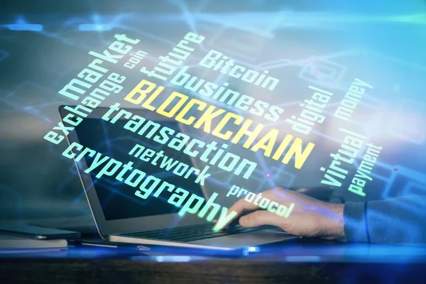 Blockchain theme hud with businessman working on computer on background. Concept of crypto chain. Double exposure. — Stock Photo, Image