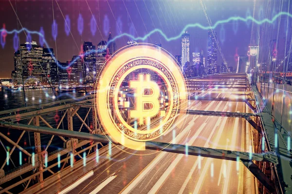 Multi экспозиции криптовалютной темы рисунок голограммы и города veiw фон. Концепция блокчейн и биткойн. Стоковое Фото