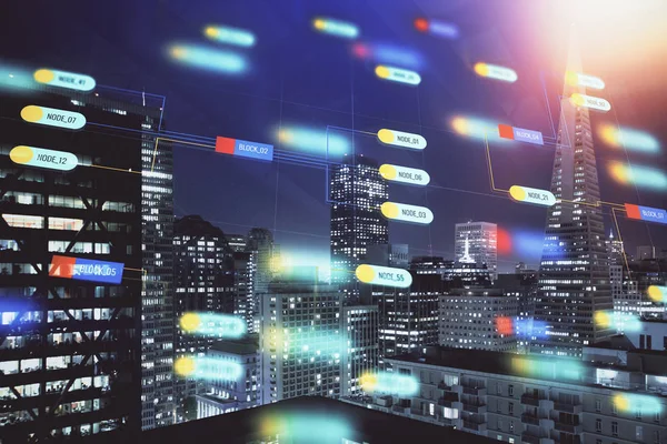 Data tema hologram ritning på stadsbilden med skyskrapor bakgrund multi exponering. Ai-konceptet. — Stockfoto