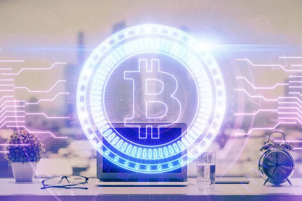 Double exposition de blockchain et crypto économie thème hologramme et table avec fond d'ordinateur. Concept de Bitcoin crypto-monnaie. — Photo