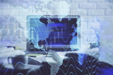 Kişisel bilgisayar arkaplanına çizilmiş borsa hologramı. Çoklu maruz kalma. Yatırım kavramı.