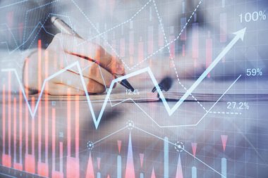 Hands Not defteri hisse senedi piyasası hakkında bilgi yazma. Ön Forex grafik hologramlar. Araştırma kavramı. Çoklu pozlama