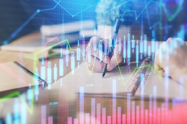 Finansal Forex grafiği el notları arka plan alarak çizilmiş. Araştırma kavramı. Çoklu pozlama