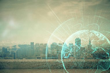 Sosyal ağ tema çizimi ve şehir manzarası arka planına çift pozlama. Bağlantı insanları kavramı.