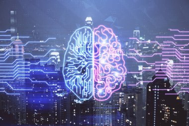 Şehrin arka planına beyin hologramı çizimi. Çifte maruz kalma. Beyin fırtınası konsepti.