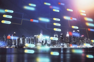 Veri temalı hologram gökdelenler arka planda çoklu pozlama ile şehir görünümüne çizim yapıyor. Ai kavramı.