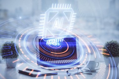 Arkaplanda bilgisayar ve veri teması çizimi olan tablonun çifte pozlandırılması. Yenilik kavramı.