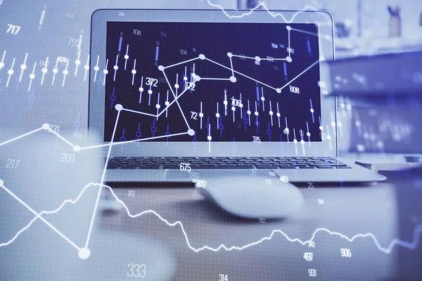 Pénzügyi chart rajz és táblázat számítógép a háttérben. Többszörös expozíció. A nemzetközi piacok fogalma. — Stock Fotó