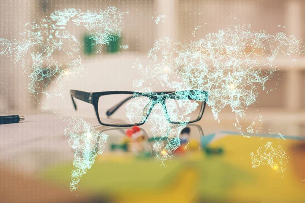 Social network theme drawing with glasses on the table background. Concept of people media connection. Double exposure. — Stock Photo, Image