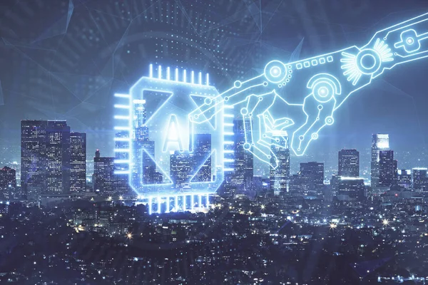 Data tema hologram ritning på stadsbilden med skyskrapor bakgrund dubbel exponering. Ai-konceptet. — Stockfoto