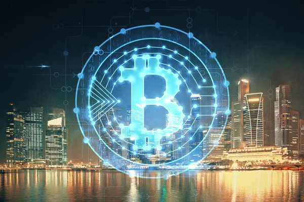 Multi-Exposition von Kryptowährung Thema Hologramm Zeichnung und Stadt veiw Hintergrund. Konzept von Blockchain und Bitcoin. — Stockfoto