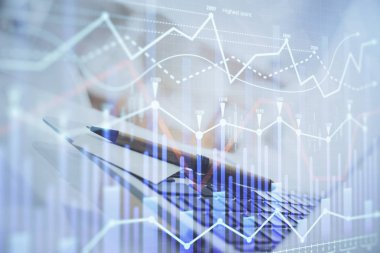 Bilgisayar geçmişi olan eski grafik hologramı. Çoklu maruz kalma. Finans piyasası kavramı.