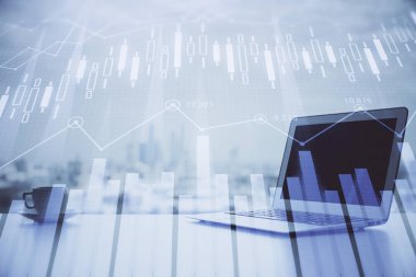 Bilgisayar geçmişi olan eski grafik hologramı. Çoklu maruz kalma. Finans piyasası kavramı.