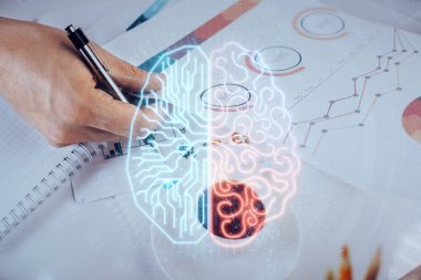 Çoklu pozlama yapay zeka beyin simgelerine sahip bir adam.