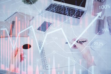 Hands Not defteri hisse senedi piyasası hakkında bilgi yazma. Ön Forex grafik hologramlar. Araştırma kavramı. Çoklu pozlama