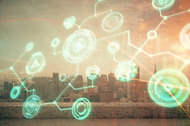 Sosyal ağ tema çizimi ve şehir manzarası arka planına çift pozlama. Bağlantı insanları kavramı.