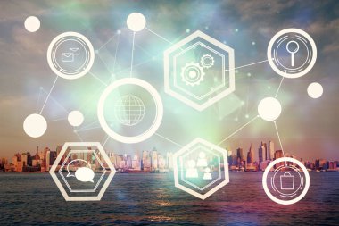 Sosyal ağ tema çizimi ve şehir manzarası arka planına çift pozlama. Bağlantı insanları kavramı.