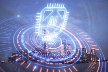 Veri temalı hologram gökdelenlerin arka planında çift pozlama ile şehir görünümüne çizim yapıyor. Ai kavramı.