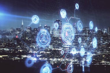 Veri temalı hologram gökdelenler arka planda çoklu pozlama ile şehir görünümüne çizim yapıyor. Ai kavramı.