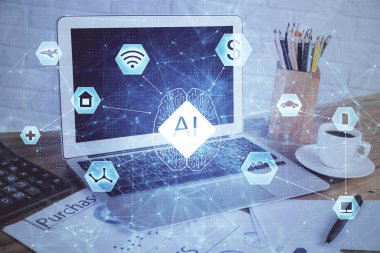 Arkaplanda bilgisayar ve veri temalı çizim tablosu çoklu pozlama. Yenilik kavramı.