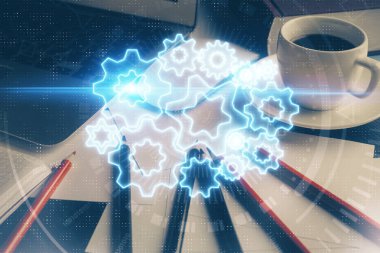 İş teması simgelerinin çifte pozlandırılması ve bilgisayar geçmişi olan çalışma alanı. Başarı kavramı.