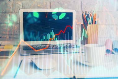 Eski pazar grafiği hologramı ve kişisel bilgisayar geçmişi. Çoklu maruz kalma. Yatırım kavramı.