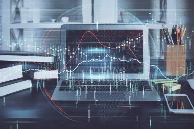 Forx grafiği ve bilgisayarla çalışma alanı çoklu pozlama. Uluslararası çevrimiçi ticaret kavramı.