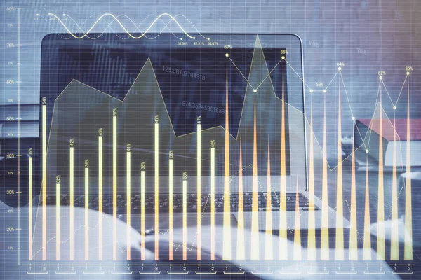 Financial market graph hologram and personal computer on background. Double exposure. Concept of forex. — Stock Photo, Image
