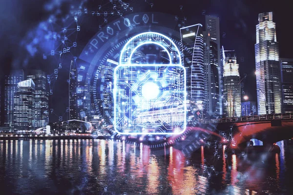 stock image Lock icon hologram on city view with skyscrapers background multi exposure. Data security concept.