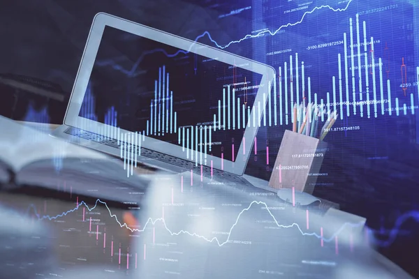 Financiële grafiek tekening en tabel met computer op de achtergrond. Dubbele belichting. Begrip internationale markten. — Stockfoto