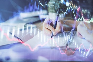 Finansal Forex grafiği el notları arka plan alarak çizilmiş. Araştırma kavramı. Çoklu pozlama