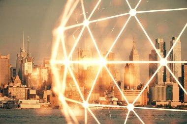 Sosyal ağ tema çizimi ve şehir manzarası arka planına çift pozlama. Bağlantı insanları kavramı.