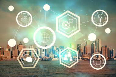 Sosyal ağ tema çizimi ve şehir manzarası arka planına çift pozlama. Bağlantı insanları kavramı.