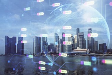 Veri temalı hologram gökdelenler arka planda çoklu pozlama ile şehir görünümüne çizim yapıyor. Büyük veri kavramı.