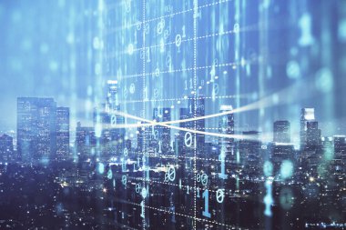 Veri temalı hologram gökdelenlerin arka planında çift pozlama ile şehir görünümüne çizim yapıyor. Ai kavramı.