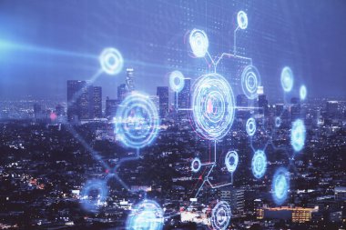 Veri temalı hologram gökdelenlerin arka planında çift pozlama ile şehir görünümüne çizim yapıyor. Ai kavramı.