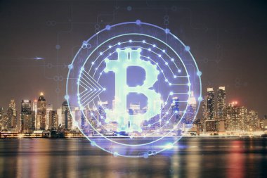 Kripto para birimi temalı hologram çizimine ve şehrin arka planına çoklu maruz kalma. Engelleme zinciri ve bitcoin kavramı.