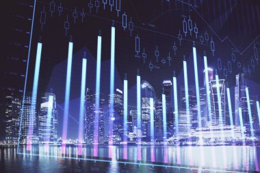 Yüksek binalar arka plan çok pozlama ile şehir scape mali grafik. Analiz kavramı.