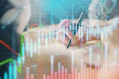 Finansal Forex grafik eller notları arka plan alarak görüntülenir. Araştırma kavramı. Çoklu pozlama