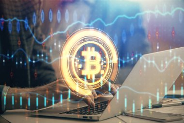 Arka planda bilgisayarla çalışan bir adamla engelleme temalı Hud. Kripto zinciri kavramı. Çift pozlama.