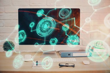 Sosyal ağ hologramıyla birlikte bilgisayar masaüstünde. Çifte maruziyet. Uluslararası insan ilişkileri kavramı.