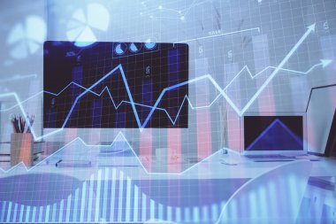 Kişisel bilgisayar arkaplanına çizilmiş borsa hologramı. Çifte maruziyet. Yatırım kavramı.