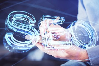 Yazan adam. Çift pozlama seo çizimleri ile.