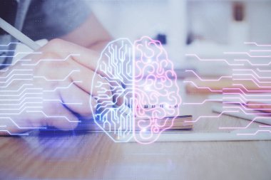 Erkek eli arka planına sahip beyin çoklu pozlama simgesi.