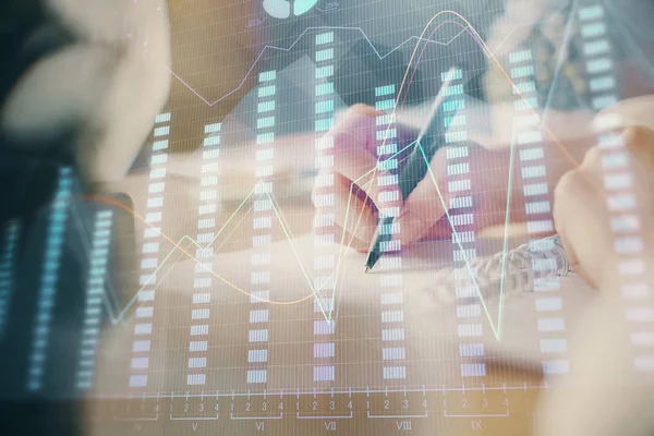 Finansal Forex grafik eller notları arka plan alarak görüntülenir. Araştırma kavramı. Çoklu pozlama — Stok fotoğraf