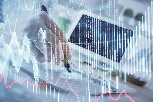 Financial forex graph drawn over hands taking notes background. Concept of research. Multi exposure — Stock Photo, Image