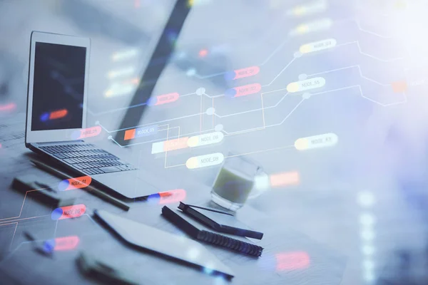 Doble exposición de la tabla con el ordenador en el fondo y el dibujo del tema de datos. Concepto de innovación. —  Fotos de Stock